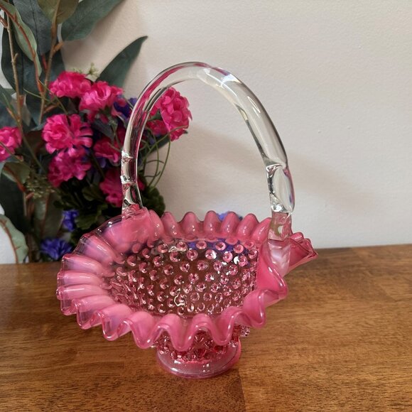 Fenton Cranberry Opalescent Hobnail Glass Basket Vintage Ruffled Edge Clear Hand - Picture 1 of 5